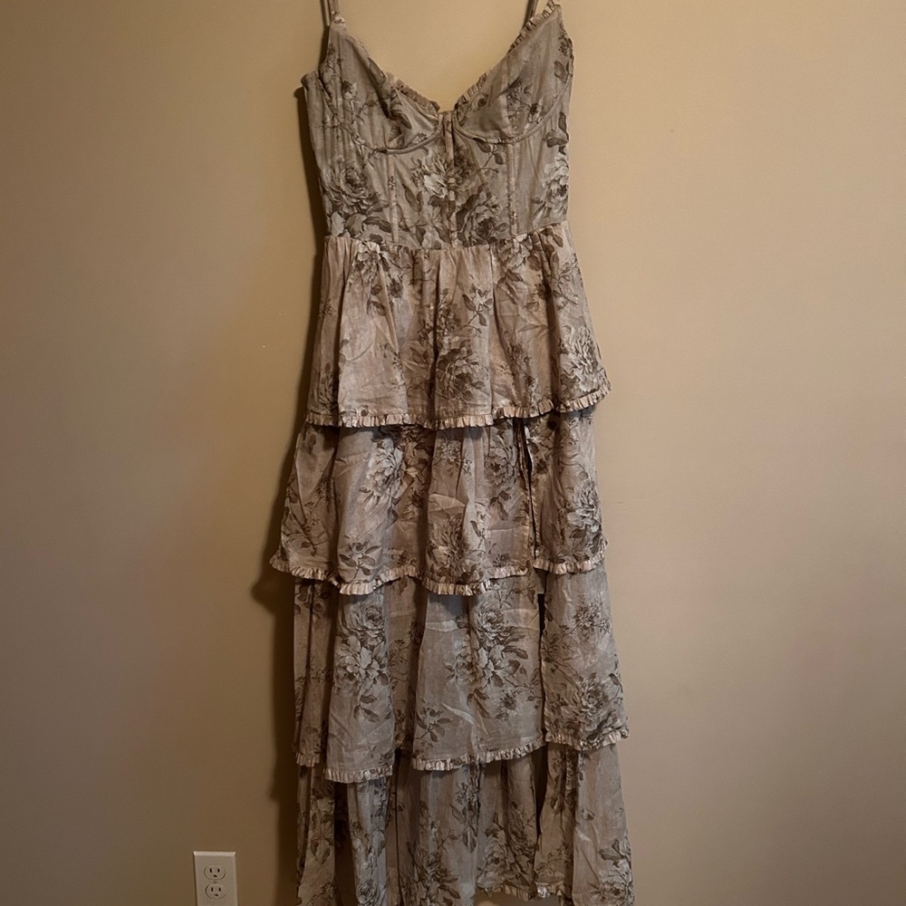 V. Chapman Floral High Low Dress - Cream and Gray